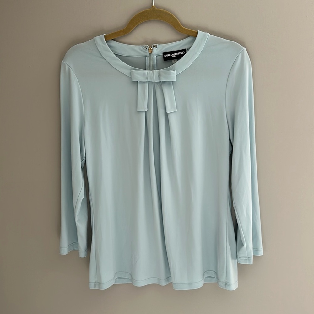 Karl Lagerfield Paris Vianne blue bow jersey top zippered work ladies M EUC